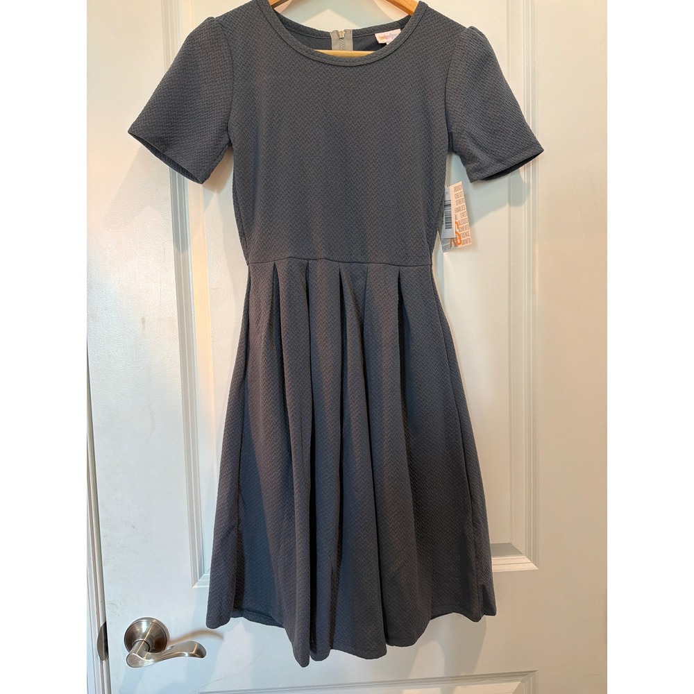 LuLaRoe Amelia Dress XS Gray Textured Jacquard Pleated Fit Flare Short Sleeve